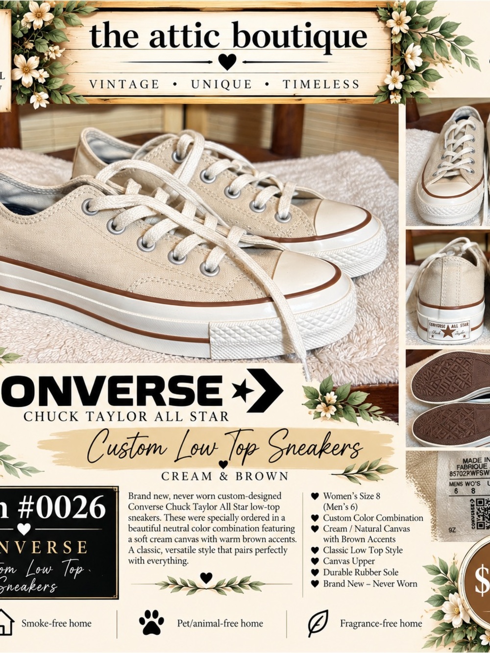 Converse Low Top Sneakers in Cream with Brown Trim